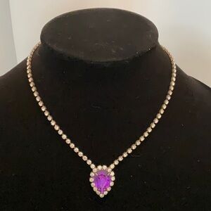 NWT Vintage Rhinestone Purple Faceted Pear Pendant Silver Necklace